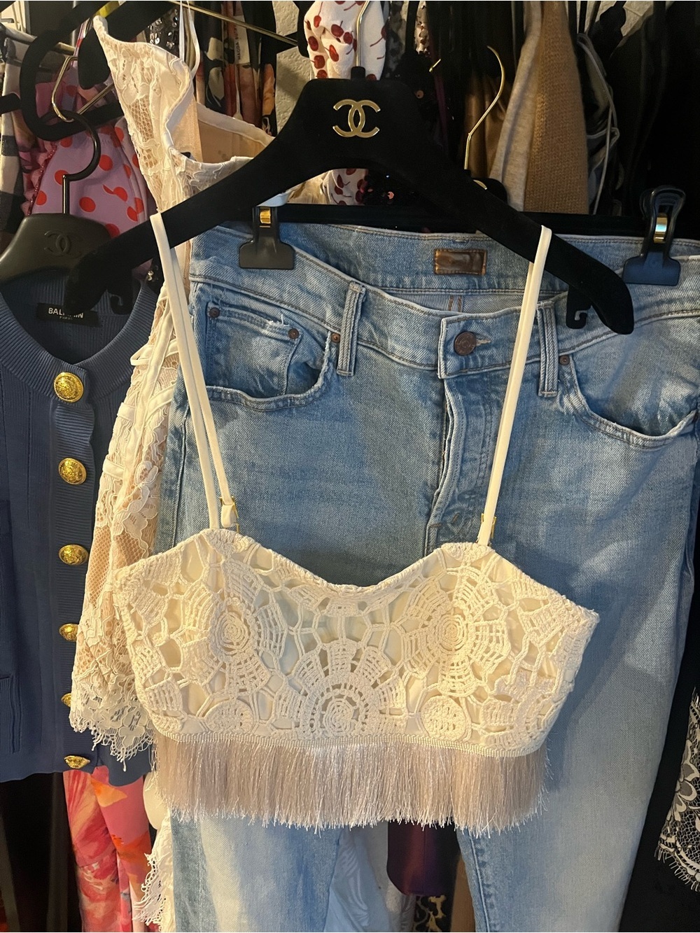 PatBO ( Luxury Brand ) Crochet Fringe Cami Top - Cream size M 🌴🌴🌴🌴
